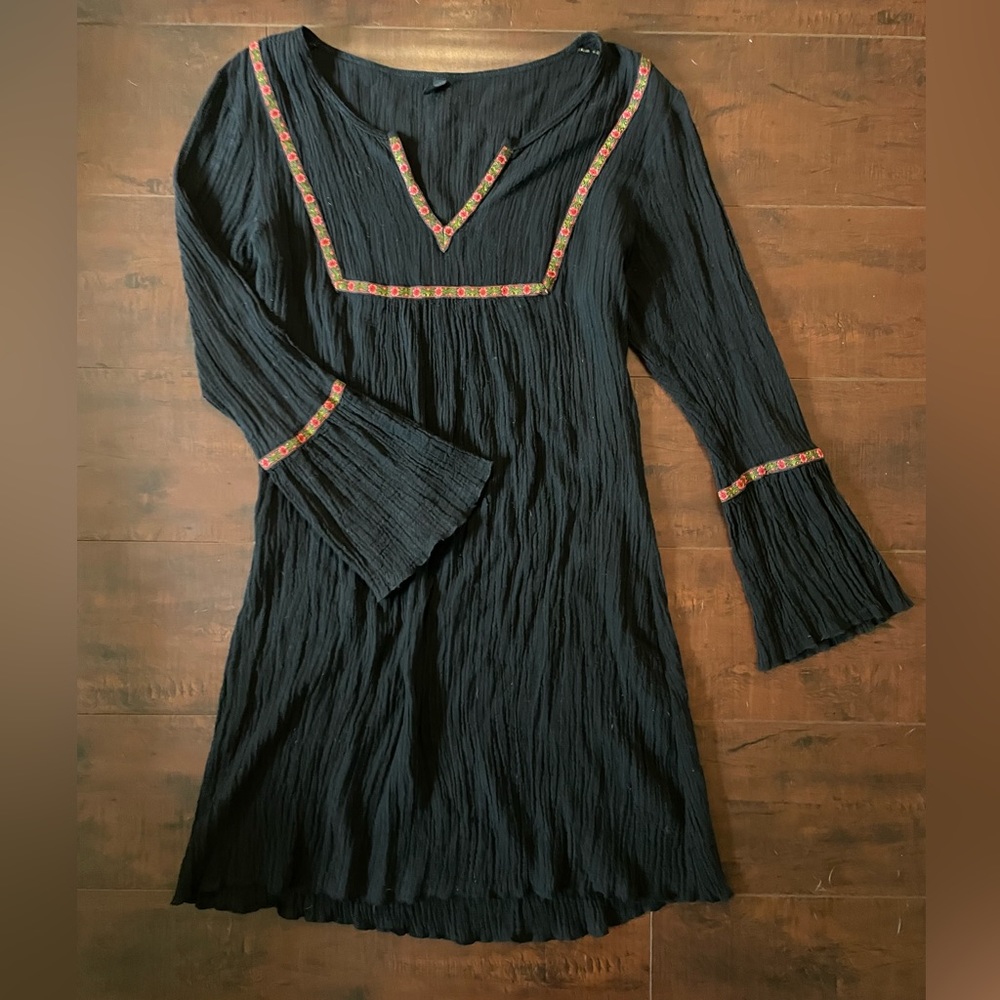 Black 1970s style cotton gauze mini dress, size S